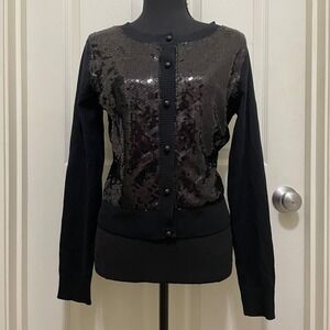 Worthington Button Front Black‎ Sequin Cardigan Knit Sweater Silk Blend Medium